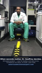 Dr. Geoffrey Mount Varner, ER physician and decision-making keynote speaker, in an ambulance