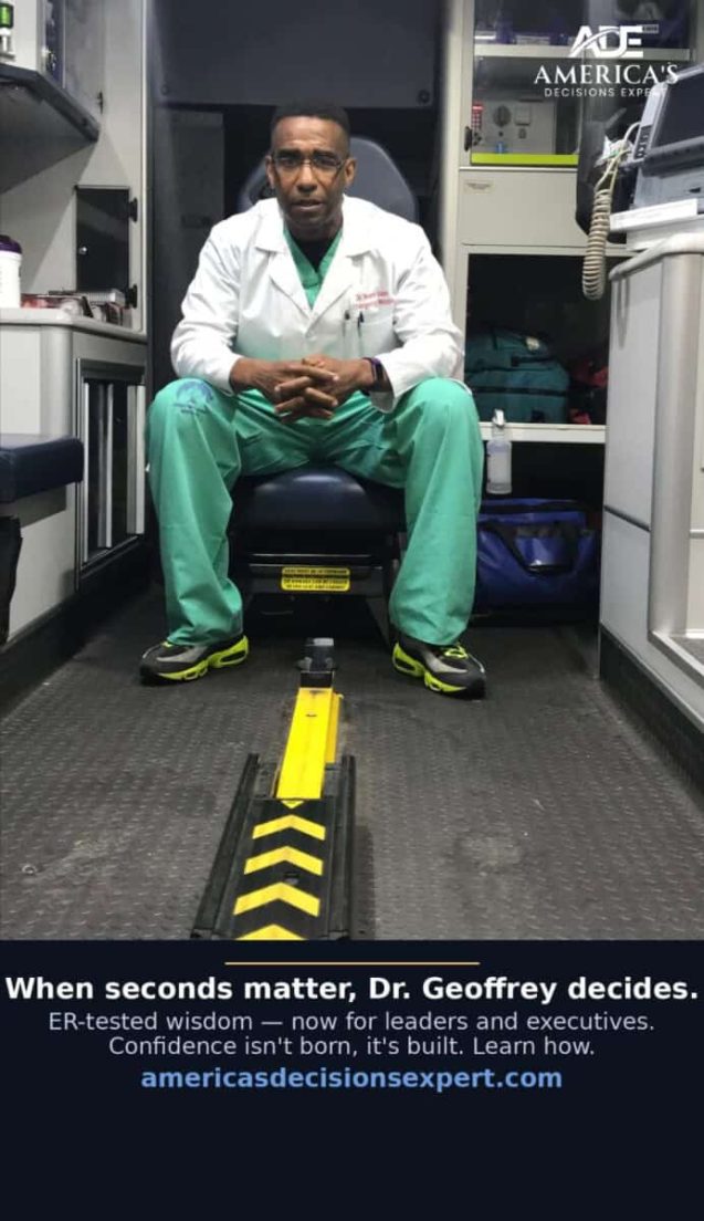 Dr. Geoffrey Mount Varner, ER physician and decision-making keynote speaker, in an ambulance