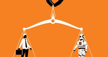 Balance scales human vs robot. Competition concept artificial intelligence digital technology.