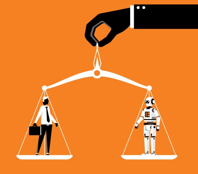 Balance scales human vs robot. Competition concept artificial intelligence digital technology.
